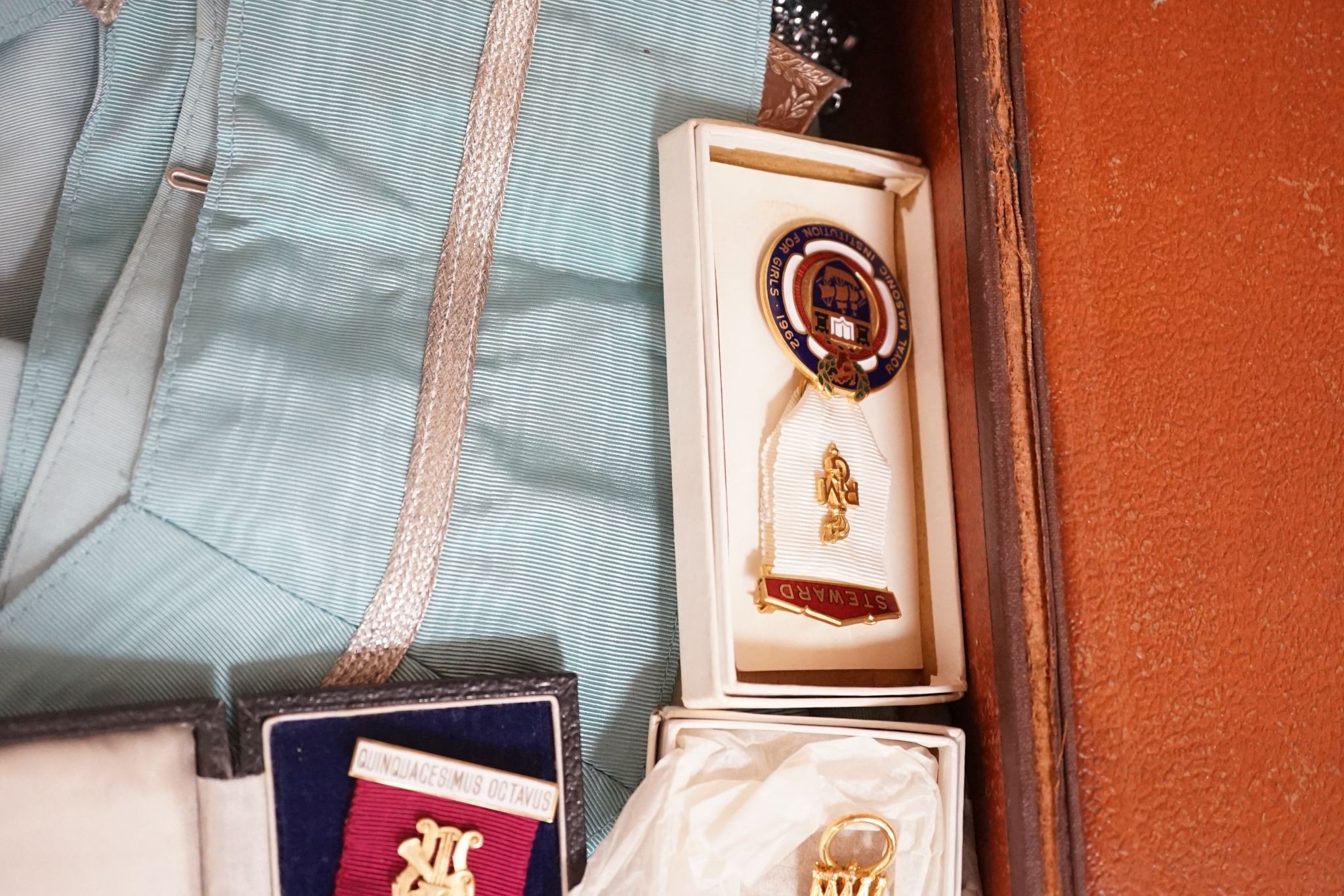 A group of masonic regalia and medals